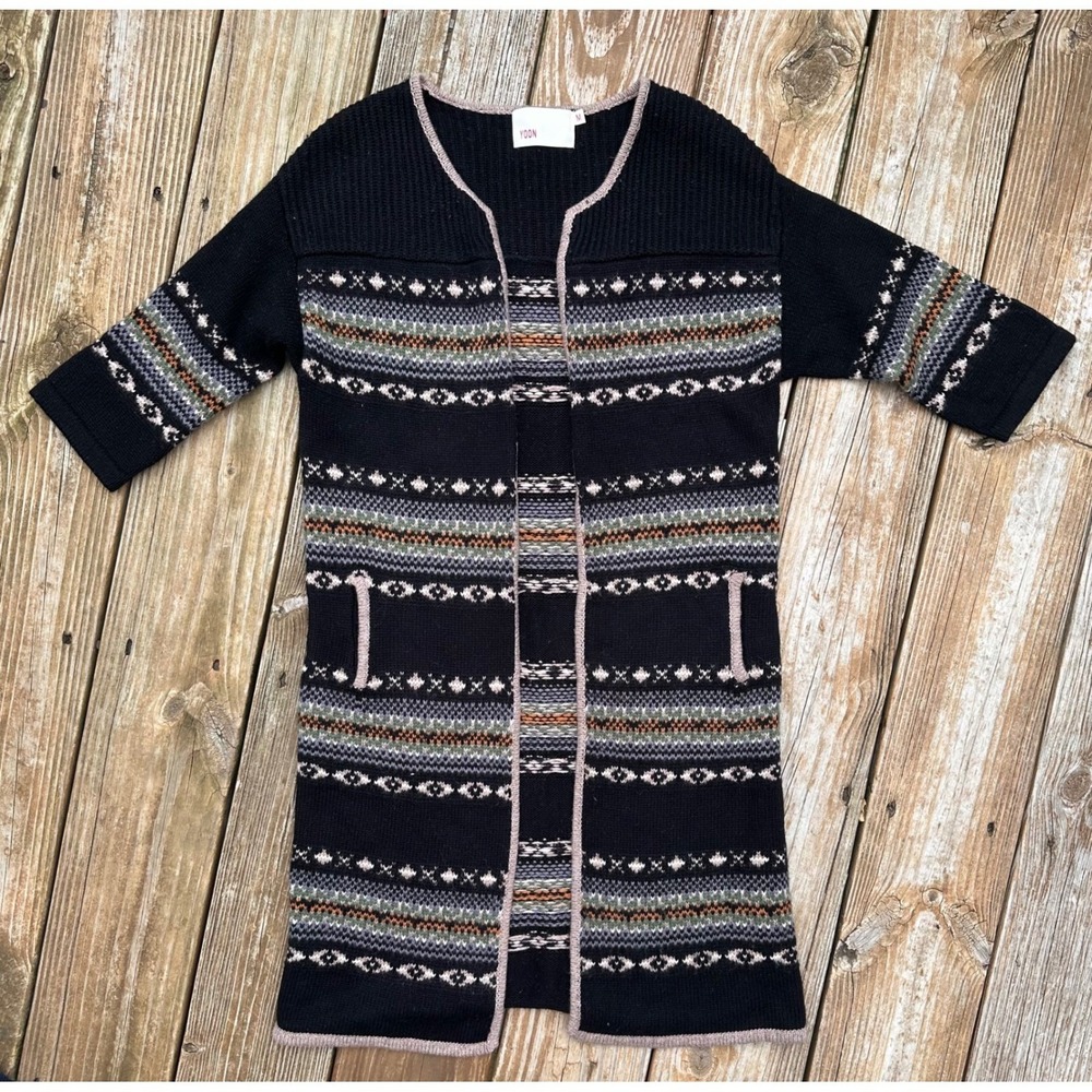 Black Fair Isle Geometric‎ Long Short Sleeve Cardigan Sweater Jacket Womens M